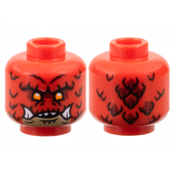 Minifigure, Head Alien Dragon with Orange Eyes, Dark Red Eye Shadow, Dark Tan Chin, Scales, Nostrils, Pronounced Brow, Open Mouth with Sharp Top Teeth and Bottom Fangs Pattern: {ярко червен}