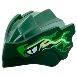 Dragon Head (Ninjago) with Stepped Top and Pin Hole on Back with White Eyes, Bright Green and Yellowish Green Energy Markings Pattern: {земно зелен}