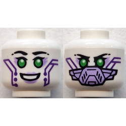 Minifigure, Head Dual Sided Alien Female Robot with Black Eyebrows, Single Eyelashes, Bright Green Eyes, Lavender Eye Shadow and Lips, Dark Purple Circuitry, Open Mouth Smile / Face Mask Pattern: {бял}