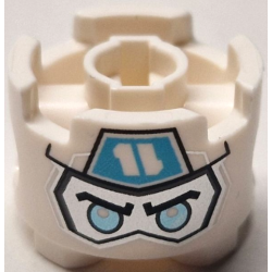 Brick, Round 2 x 2 with Pin Holes with Balaclava with Ninjago Logogram Letter Z on Medium Azure Pentagon over Silver Face with Black Eyebrows and Metallic Light Blue Eyes Pattern (Zane Head): {бял}