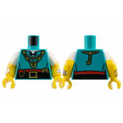 Torso Shirt with Black Laces and Belt, Red Skirt and Gold Necklaces, Buckle and Compass Pattern / Yellow Arms with Molded White Short Sleeves and Printed Yellow Dots and Bracelets Pattern / Yellow Hands: {ярко синьо-зелен}