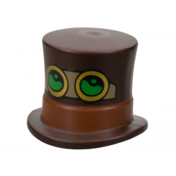Minifigure, Headgear Hat, Top Hat Large with Molded Reddish Brown Band and Printed Black, Dark Tan and Gold Goggles with Bright Green Lenses Pattern: {тъмно кафяв}