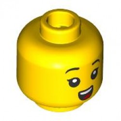 Minifigure, Head Child Female Black Raised Eyebrows, Single Eyelashes, Dark Turquoise Hearing Aid on Left, Open Mouth Smile with Top Teeth and Red Tongue Pattern: {ярко жълт}