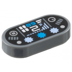 Tile, Round 1 x 2 Oval with Dashboard with Dark Azure '89' / '68', White Number 2, Silver Capital Letter N in Circle, Dots and Gauge, Bright Light Blue Bar Graph and Lights on Black Background Pattern: {тъмно каменно сив}