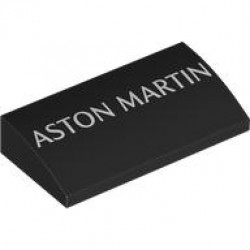 Slope, Curved 2 x 4 x 2/3 with Bottom Tubes with White 'ASTON MARTIN' Pattern: {черен}