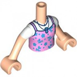 Torso Mini Doll Girl Dark Pink Tank Top with Dark Azure Flowers and Music Note Necklace over White T-Shirt Pattern, Light Nougat Arms with Hands with White Short Sleeves: {светло нуга}