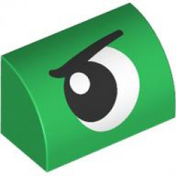 Slope, Curved 1 x 2 with Bottom Stud Holder with Black and White Eye Looking Right with Eyebrow Pattern: {тъмно зелен}