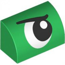 Slope, Curved 1 x 2 with Bottom Stud Holder with Black and White Eye Looking Left with Eyebrow Pattern: {тъмно зелен}