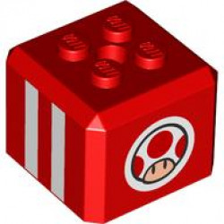 Brick, Modified Cube, 4 Studs on Top with White Stripes and Super Mario Toad Head Logo on Circle Pattern on All Sides (Super Mario Toad / Blue Toad Pit Crew Cap): {ярко червен}