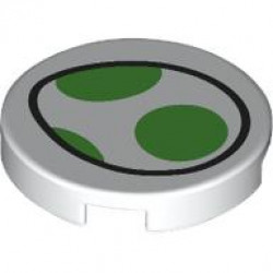 Tile, Round 2 x 2 with Bottom Stud Holder with Egg with Bright Green Spots Pattern (Super Mario Yoshi Logo): {бял}