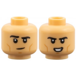 Minifigure, Head Dual Sided Black Eyebrows, Medium Nougat Cheek Lines, Chin Dimple, Lopsided Grin / Crooked Open Mouth Smile with Teeth Pattern: {умерен тан}