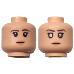 Minifigure, Head Dual Sided Female Dark Brown Thin Eyebrows, Black Double Eyelashes, Nougat Lips, Lopsided Grin / Stern with Gold Eyes Pattern: {светло нуга}