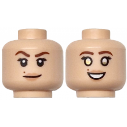 Minifigure, Head Dual Sided Female Reddish Brown Eyebrows, Black Long Eyelashes, Beauty Mark, Nougat Lips, Lopsided Grin / Open Mouth Smile with Teeth and Gold Eyes Pattern: {светло нуга}