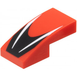 Slope, Curved 2 x 1 x 2/3 with 2 White Stripes on Black Chevron Pattern: {ярко червен}