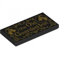 Tile 2 x 4 with Gold 'the Old Guarded Inn', Goats and Filigree Pattern: {черен}