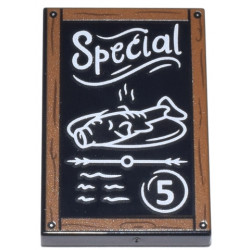 Tile 2 x 3 with Chalk Board with Dark Orange Frame with Wood Grain and Nails, White 'Special', Fish Platter, Scribbles and Number 5 Pattern: {черен}