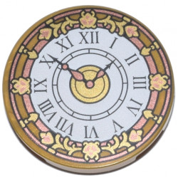 Tile, Round 3 x 3 with White Clock Face, Copper and Gold Hands, Border, and Filigree and Black Roman Numerals Pattern: {топло златист}