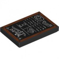 Tile 2 x 3 with Chalk Board with Dark Orange Frame with Wood Grain and Nails, White 'Menu', Food Items and Scribbles Pattern: {черен}