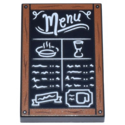 Tile 2 x 3 with Chalk Board with Dark Orange Frame with Wood Grain and Nails, White 'Menu', Food Items and Scribbles Pattern: {черен}