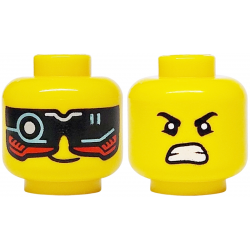 Minifigure, Head Dual Sided Black and Red Visor with Silver and Metallic Light Blue Circuitry, Lopsided Grin / Eyebrows, Bottom Eyelids, Angry Bared Teeth Pattern: {ярко жълт}