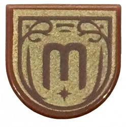 Tile, Round 1 x 1 Half Circle Extended with Dark Brown Letter E / M / W in Ornate Frame on Gold Background Pattern: {червеникаво-кафяв}
