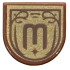Tile, Round 1 x 1 Half Circle Extended with Dark Brown Letter E / M / W in Ornate Frame on Gold Background Pattern: {червеникаво-кафяв}