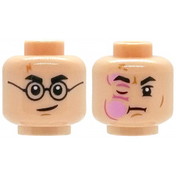Minifigure, Head Dual Sided Black Eyebrows, Nougat Lightning Scar, Medium Nougat Chin Dimple, Smirk and Round Glasses / Bright Pink HP Stinging Jinx Cheek Swelling with Dark Pink Wrinkles, Closed Right Eye Pattern: {светло нуга}