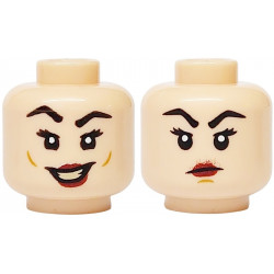 Minifigure, Head Dual Sided Female Black Eyebrows and Eyelashes, Dark Red Lips, Medium Nougat Cheek Dimples and Lopsided Open Mouth Smile with Teeth / Chin Dimple and Frown Pattern: {светло нуга}