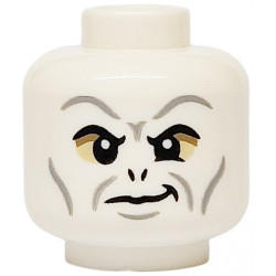 Minifigure, Head Alien with HP Voldemort Black Eyebrows and Nostrils, Light Bluish Gray Wrinkles, Dark Tan and Tan Eye Shadow, Smirk Pattern: {бял}