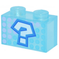 Brick 1 x 2 without Bottom Tube with White Question Mark with Dark Azure and Blue Outline, Dark Pink and Medium Azure Dots Pattern (Super Mario Item Box): {прозрачен светло син опал}