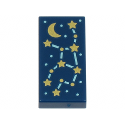 Tile 1 x 2 with Constellation with Metallic Light Blue Lines and Dots, Gold Stars and Crescent Moon Pattern: {земно син}