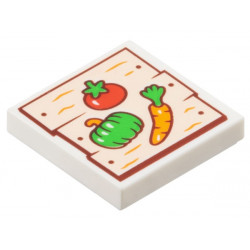 Tile 2 x 2 with Light Nougat Wood Grain Boards with Reddish Brown Nails and Red, Orange, and Bright Green Tomato, Paprika / Pepper, and Carrot Pattern: {бял}
