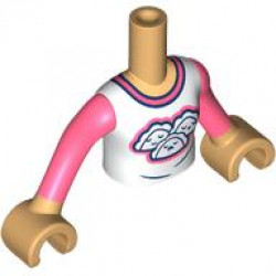 Torso Mini Doll Girl White T-Shirt with Dumplings / Sleeping Faces, Coral and Dark Blue Trim Pattern, Medium Tan Arms with Hands with Coral Long Sleeves: {умерен тан}
