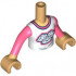 Torso Mini Doll Girl White T-Shirt with Dumplings / Sleeping Faces, Coral and Dark Blue Trim Pattern, Medium Tan Arms with Hands with Coral Long Sleeves: {умерен тан}