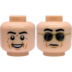 Minifigure, Head Dual Sided Black Eyebrows, Medium Nougat Wrinkles and Chin Dimple, Open Mouth Smile with Top Teeth / Stern with Gold Sunglasses Pattern: {светло нуга}