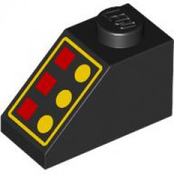 Slope 45 2 x 1 with 3 Large Red Lamps, 3 Large Yellow Buttons and Thin Border Pattern: {черен}