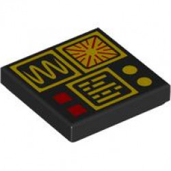 Tile 2 x 2 with Red and Yellow Control Panel Buttons and Square Displays with Wave, Radiating Lines and Text Pattern: {черен}