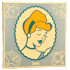 Tile 4 x 4 with Bright Light Orange and Dark Azure Cinderella Portrait in Oval Frame with White Filigree, '1950', Clock Face, Glass Slipper, Gus and Pumpkin on Bright Light Blue Background Pattern: {бял}