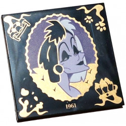 Tile 4 x 4 with Lavender and Dark Purple Cruella De Vil Portrait in Scalloped Oval Frame with Gold Filigree, '1961', Panther De Ville Car, Dalmatian Dog Paws, Spots and Tails Handbag Pattern: {черен}
