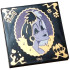 Tile 4 x 4 with Lavender and Dark Purple Cruella De Vil Portrait in Scalloped Oval Frame with Gold Filigree, '1961', Panther De Ville Car, Dalmatian Dog Paws, Spots and Tails Handbag Pattern: {черен}