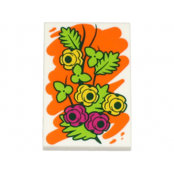 Tile 2 x 3 with Painting of Yellow and Magenta Flowers with Lime Leaves on Orange Background Pattern (BAM): {бял}