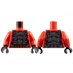 Torso Dark Silver Segmented Armor with Sharp Plates, Rivets and Silver Scratches over Dark Red Scales, Reddish Brown Thick Rope Belt Pattern / Red Arms / Black Hands: {ярко червен}