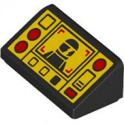 Slope 30 1 x 2 x 2/3 with Red and Yellow Control Panel Buttons and Square Monitor with Image of Minifigure with Helmet Pattern: {черен}