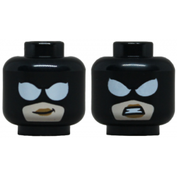 Minifigure, Head Dual Sided Female Balaclava with Large White Eyes over Light Nougat Face with Medium Nougat Lips, Lopsided Grin / Angry Bared Teeth Pattern: {черен}