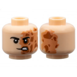 Minifigure, Head Black Eyebrows, Nougat and Dark Orange Burned and Scarred Left Side, Lopsided Open Mouth Scowl with Teeth Pattern: {светло нуга}