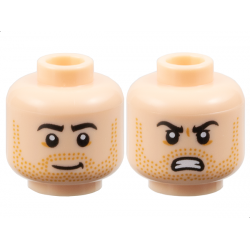Minifigure, Head Dual Sided Black Eyebrows, Medium Nougat Beard Stubble, Slightly Lopsided Grin / Angry Bared Teeth and Upper Eyelids Pattern: {светло нуга}