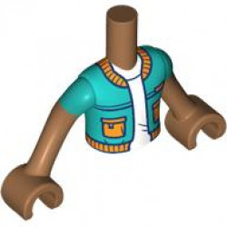 Torso Mini Doll Boy Dark Turquoise Jacket Open with Orange Pockets, Collar and Hem over White T-Shirt Pattern, Medium Nougat Arms with Hands with Dark Turquoise Short Sleeves: {умерен нуга}