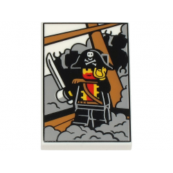 Tile 2 x 3 with Picture of Pirate Captain Minifigure on Ship with Rigging, Light Bluish Gray Fog and Black Minifigure Silhouettes Pattern (BAM): {бял}