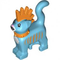 Cat, Standing with Molded Orange Spiky Mohawk and Collar and Printed Stripes, White Muzzle and Chest, Bright Pink Nose, Open Mouth with Fangs Pattern (Mo): {умерено небесносин}