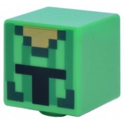 Minifigure, Head, Modified Cube with Pixelated Dark Green and Gold Helmet with Vertical Green Stripes and Black Opening Pattern (Minecraft Cactus Knight): {ярко зелен}